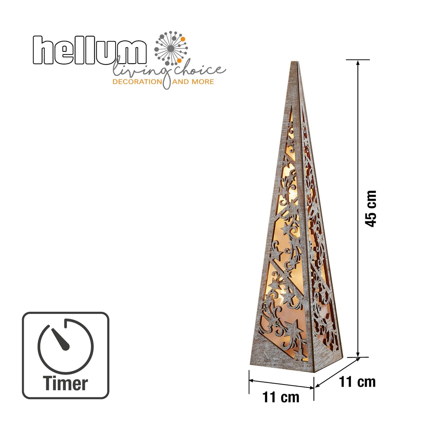 LED-Pyramide aus Holz, weiß gebeizt H: 45cm, 8 LEDs ww, mit Timer, batteriebetrieben