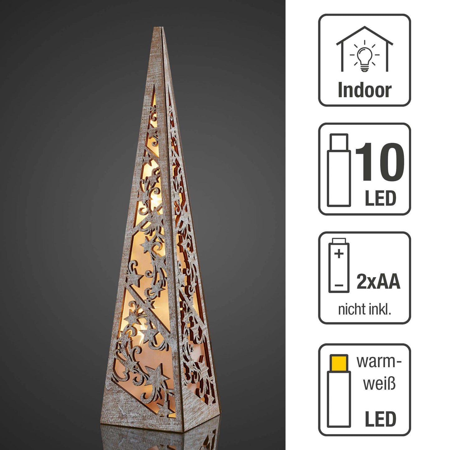 LED-Pyramide aus Holz, weiß gebeizt H: 57cm, 10 LEDs ww, mit Timer, batteriebetrieben