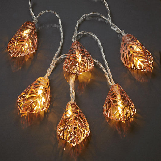 LED Lichterkette mit goldfarbenen Metallblättern, 10 LEDs ww. batteriebetrieben