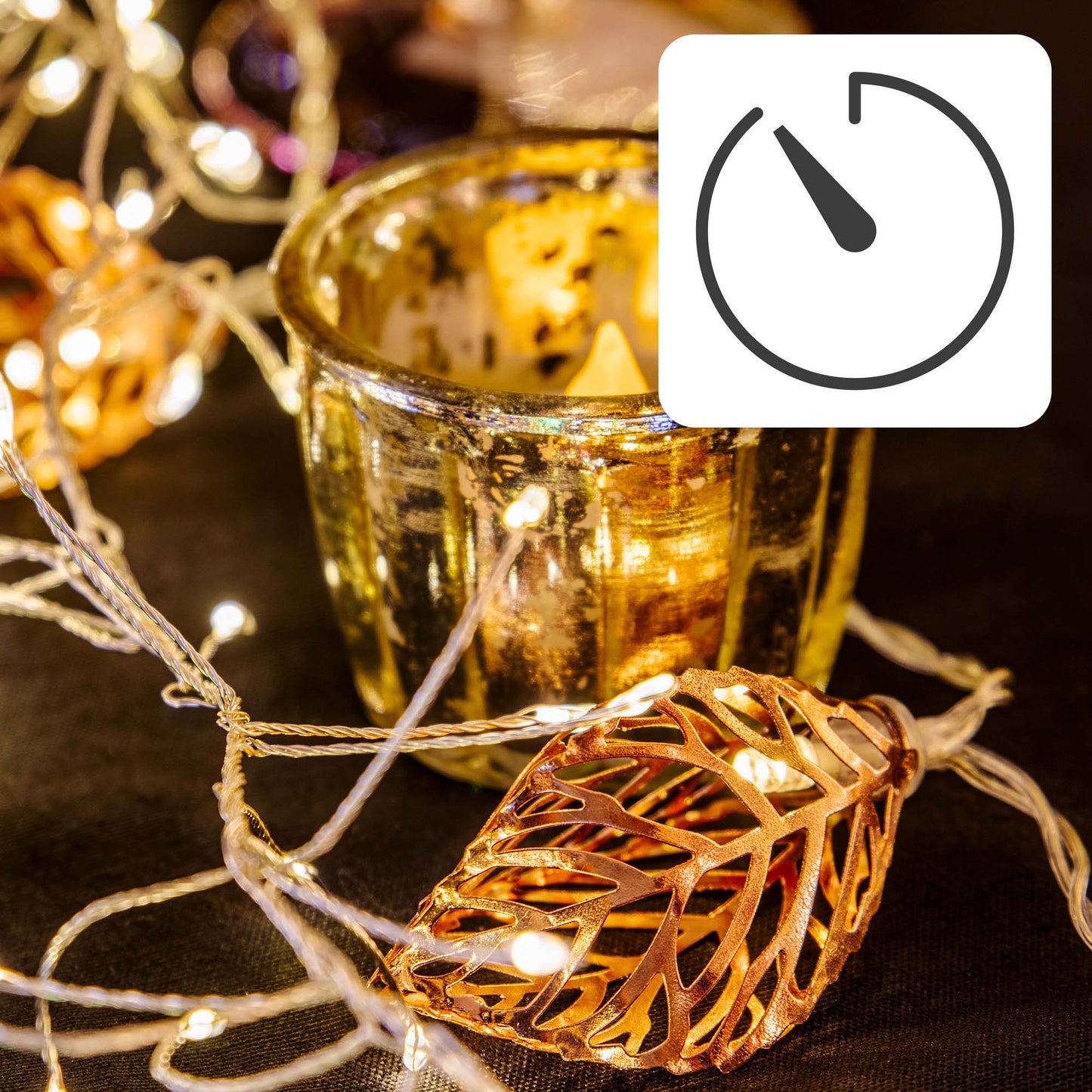 LED Lichterkette mit goldfarbenen Metallblättern, 10 LEDs ww. batteriebetrieben