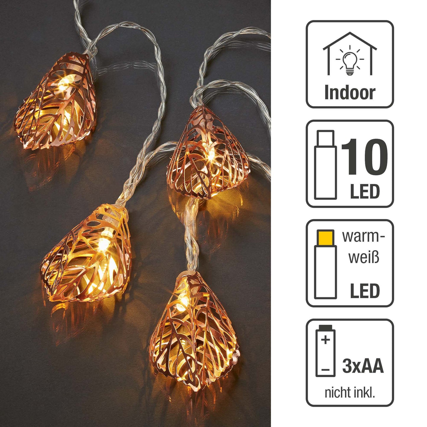 LED Lichterkette mit goldfarbenen Metallblättern, 10 LEDs ww. batteriebetrieben