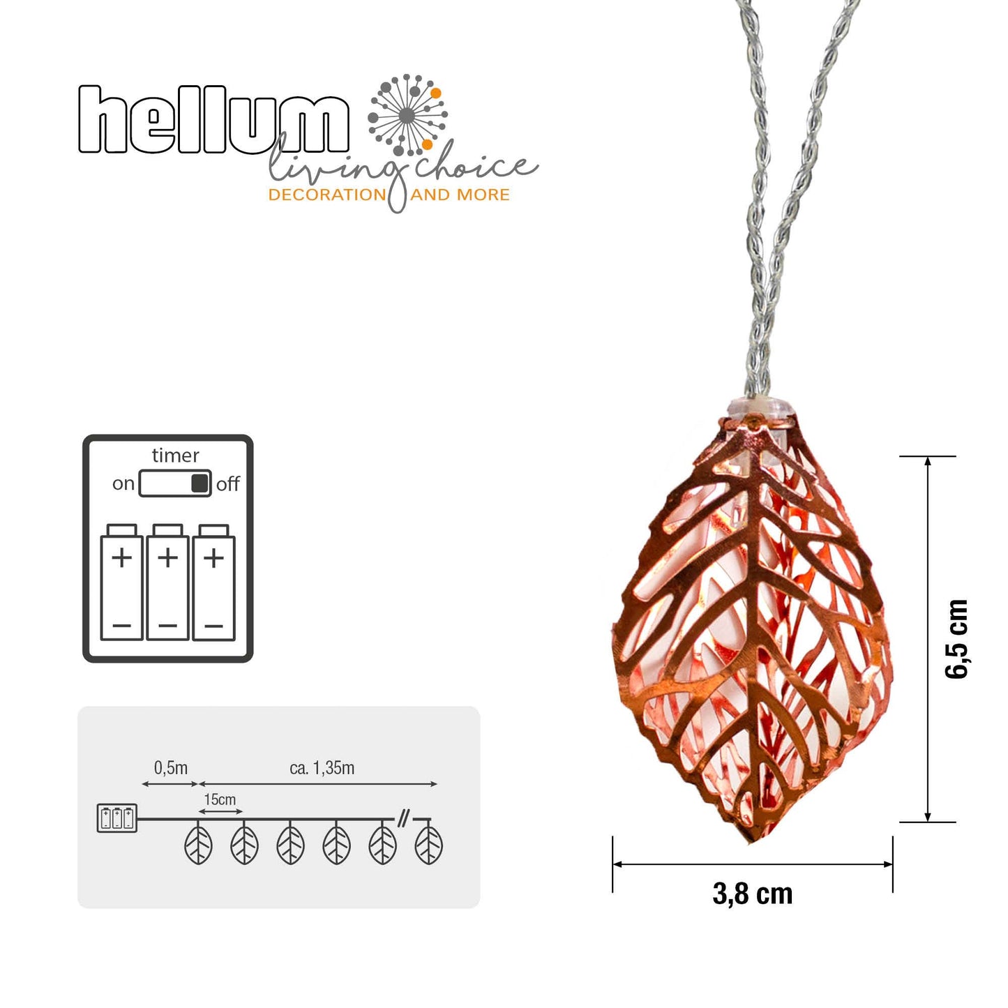 LED Lichterkette mit goldfarbenen Metallblättern, 10 LEDs ww. batteriebetrieben