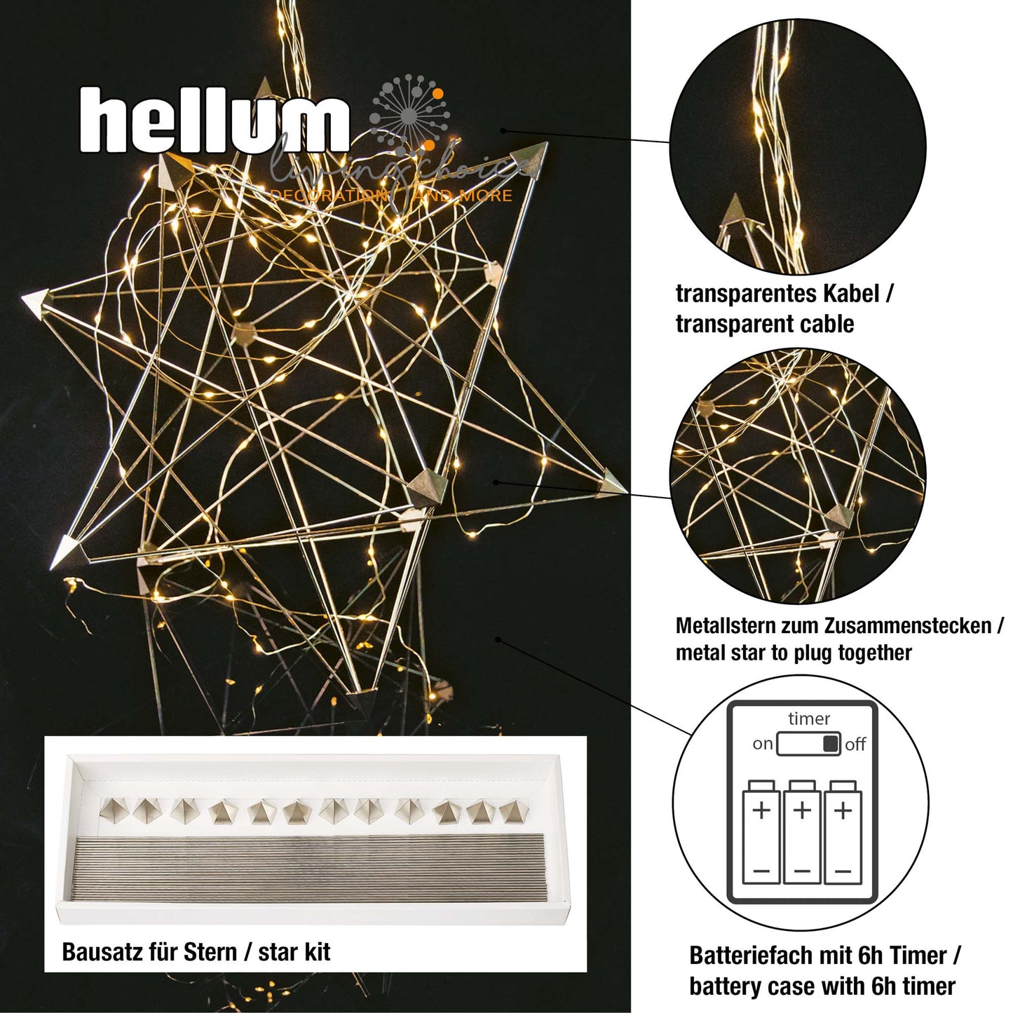 3 D Metall Stern, DIY  DIA 54cm, mit LED-Lichterkette, 100 LEDs ww, mit Timer, batteriebetrieben