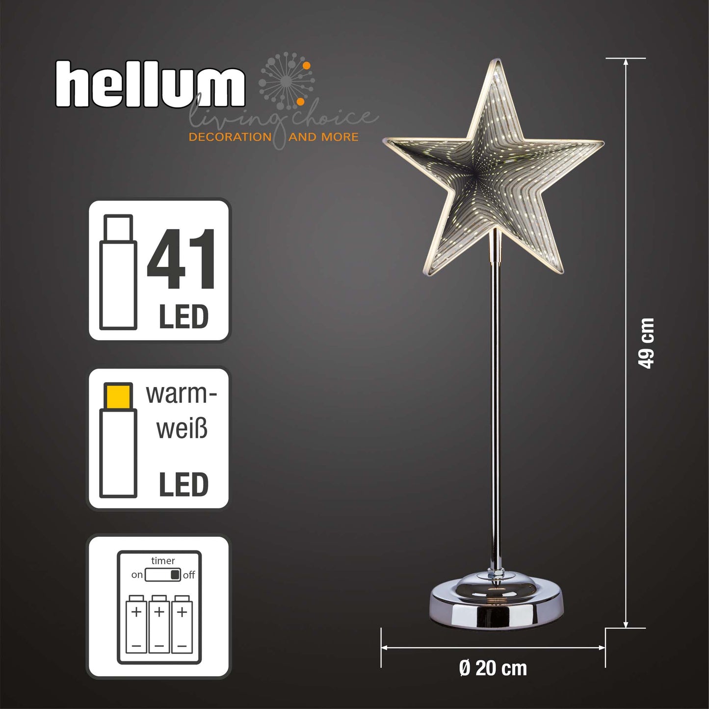 LED-Stern, Infinity Effekt, mit Standfuß, H 45cm, DIA 20cm, 42 LEDs ww, mit Timer, batteriebetrieben