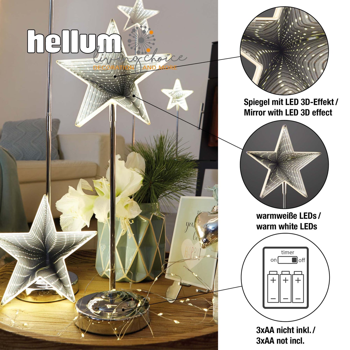 LED-Stern, Infinity Effekt, mit Standfuß, H 45cm, DIA 20cm, 42 LEDs ww, mit Timer, batteriebetrieben