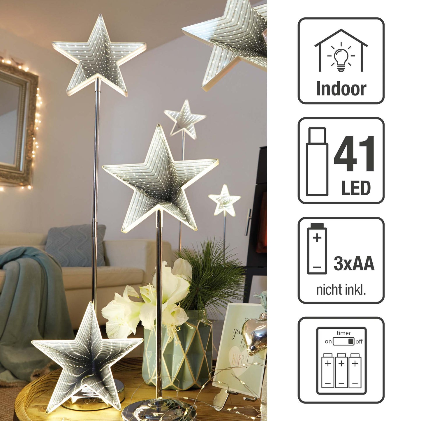 LED-Stern, Infinity Effekt, mit Standfuß, H: 75cm, DIA 20cm, 42 LEDs ww, mit Timer, batteriebetrieben
