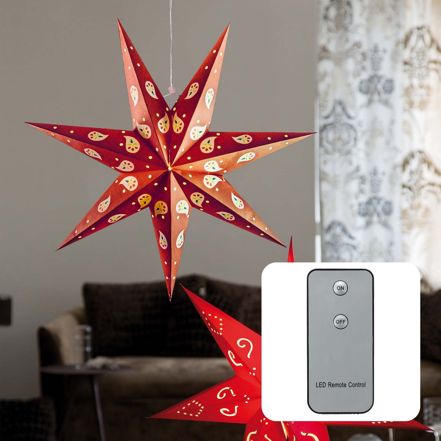 LED Papierstern rot,  30 LEDs ww,  DIA 60cm  mit IR-FB und Timer,  batteriebetrieben