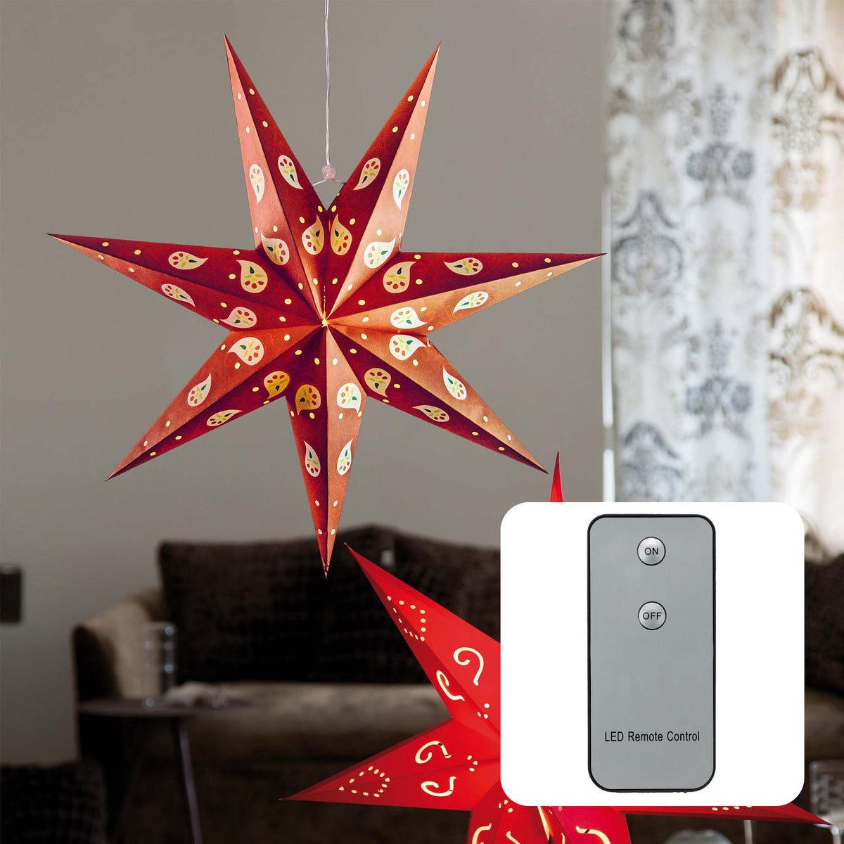 LED Papierstern rot, 30 LEDs ww, DIA 60cm mit IR-FB und Timer, batteri – Hellum Direkt