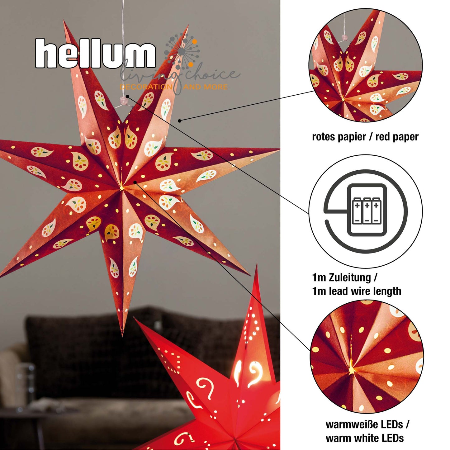 LED Papierstern rot,  30 LEDs ww,  DIA 60cm  mit IR-FB und Timer,  batteriebetrieben