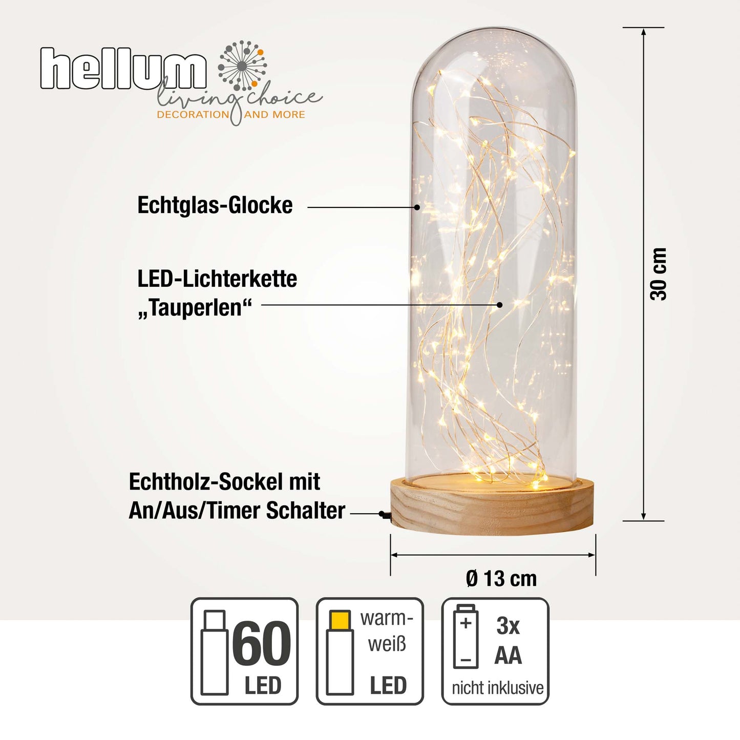 Hellum Glasglocke mit Lichterkette, 60 LEDs, batteriebetireben, ø13 x H 30cm 522792