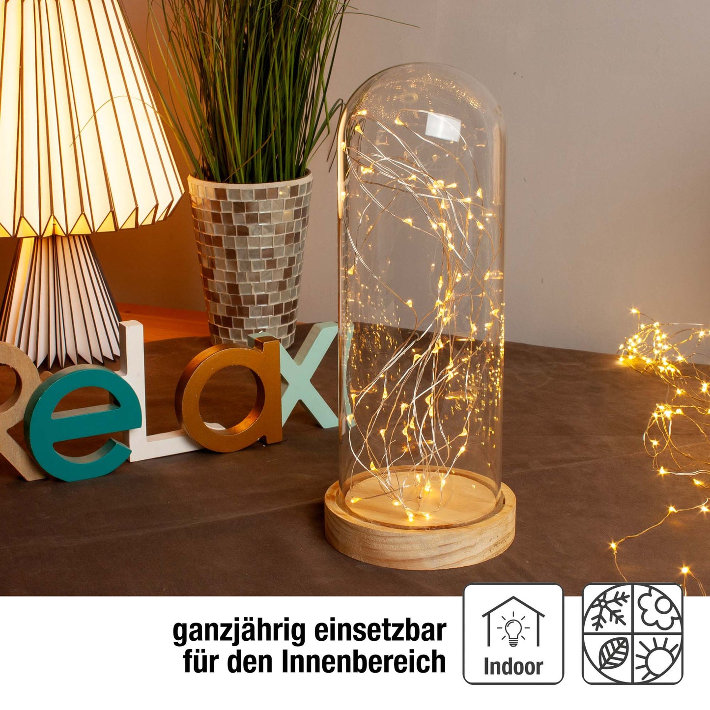 Hellum Glasglocke mit LED-Lichterkette, 60 LEDs, batteriebetrieben, Timer, 13×30 cm 152982