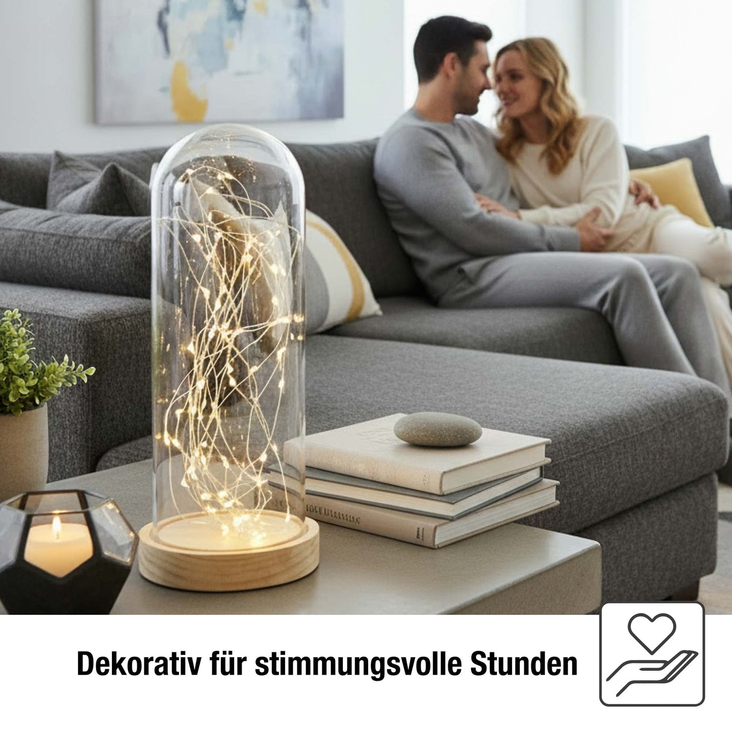 Hellum Glasglocke mit LED-Lichterkette, 60 LEDs, batteriebetrieben, Timer, 13×30 cm 152982