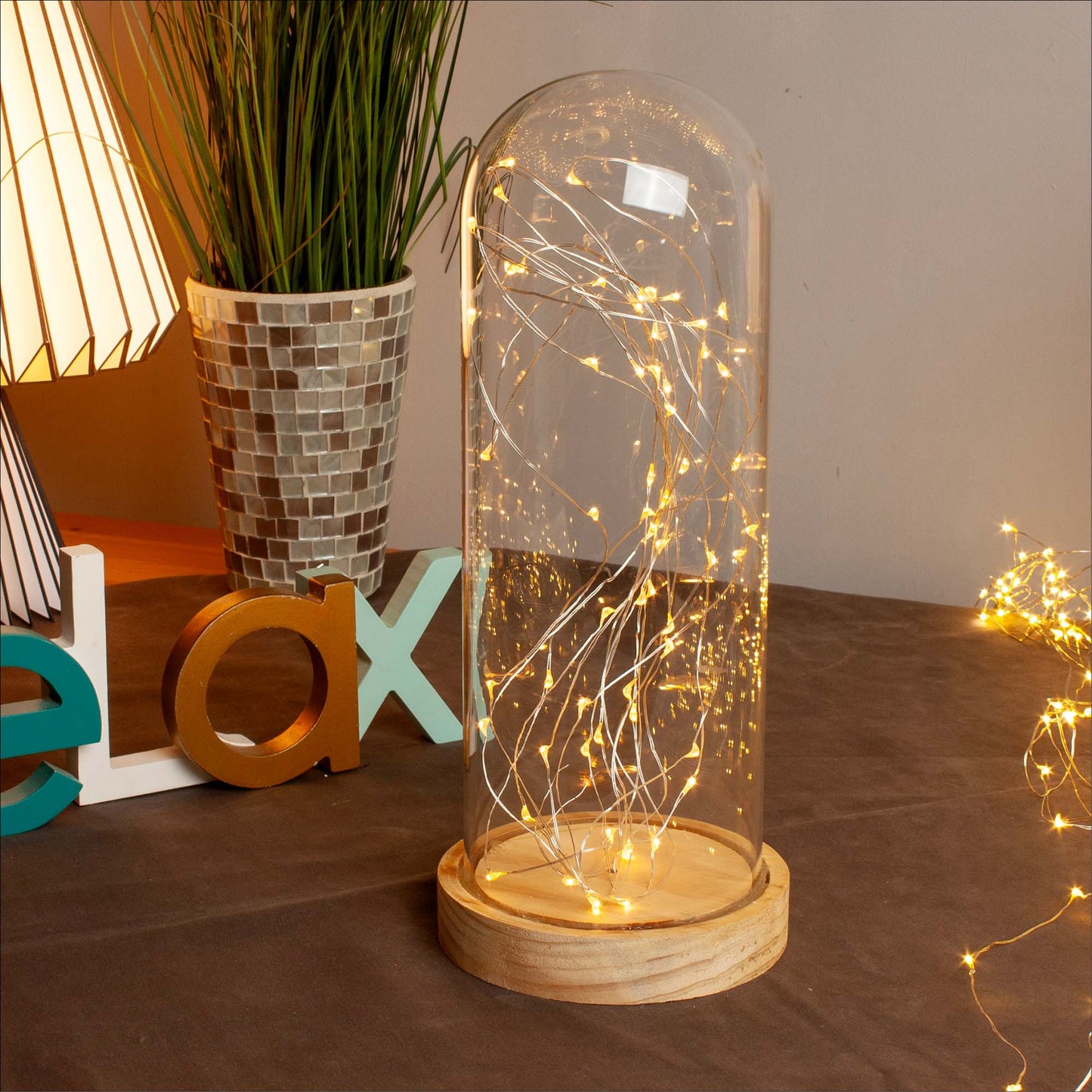 Hellum Glasglocke mit Lichterkette, 60 LEDs, batteriebetireben, ø13 x H 30cm 522792