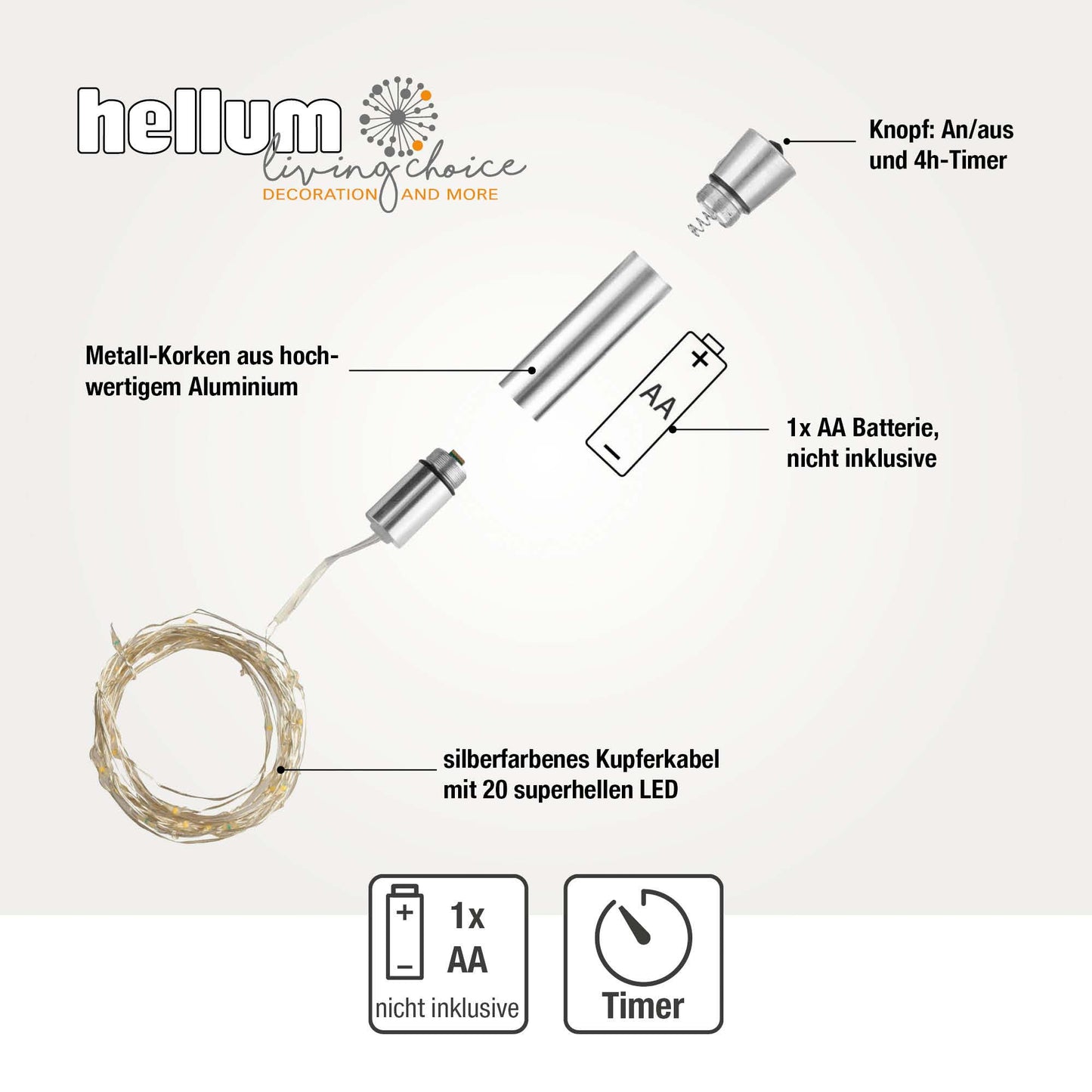 Hellum LED Flaschenlicht, 20 LEDs, Timer, Metallkorken, Batterie 2-er Set 150582