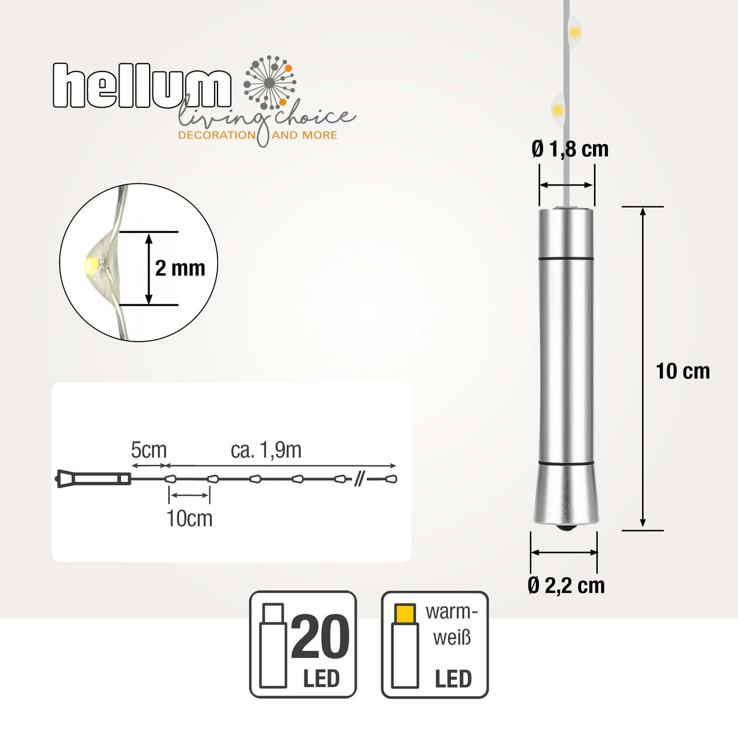 Hellum LED Flaschenlicht, 20 LEDs, Timer, Metallkorken, Batterie 2-er Set 150582