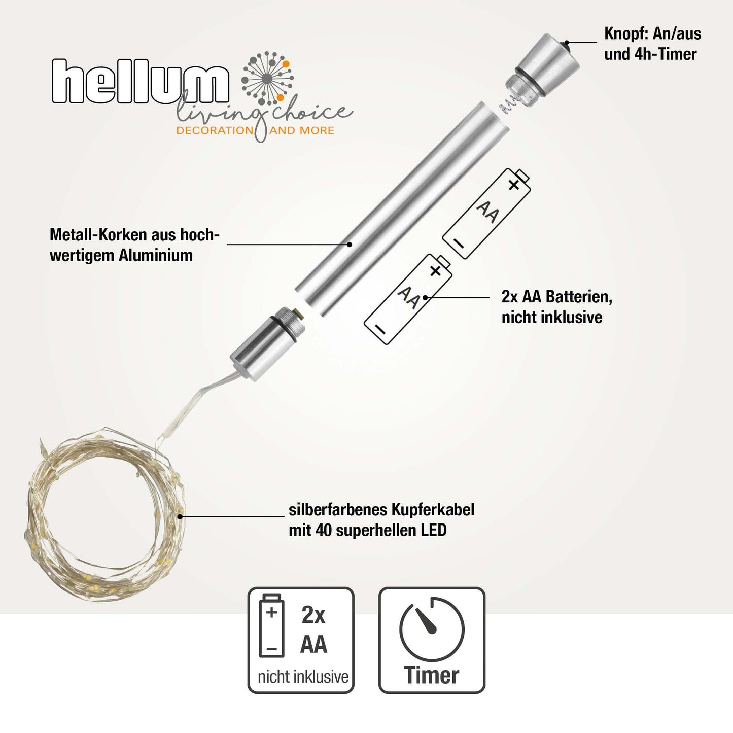 Hellum LED Flaschenlichterkette, 40 LEDs, Timer, Metallkorken, Batterie, 2-er Set 150605