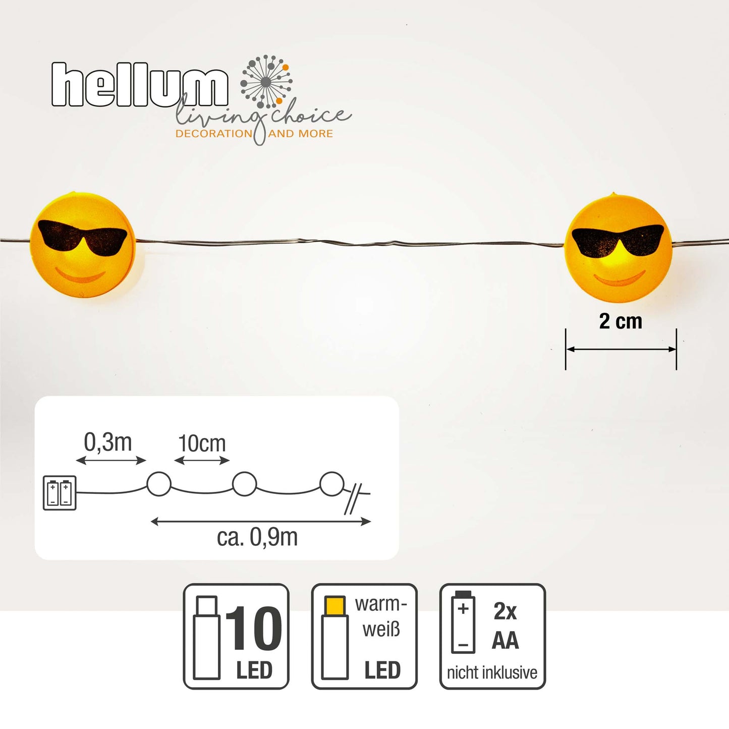 LED-Lichterkette mit Tauperlen und "Cool" Emoticon, 10 LEDs,  batteriebetrieben