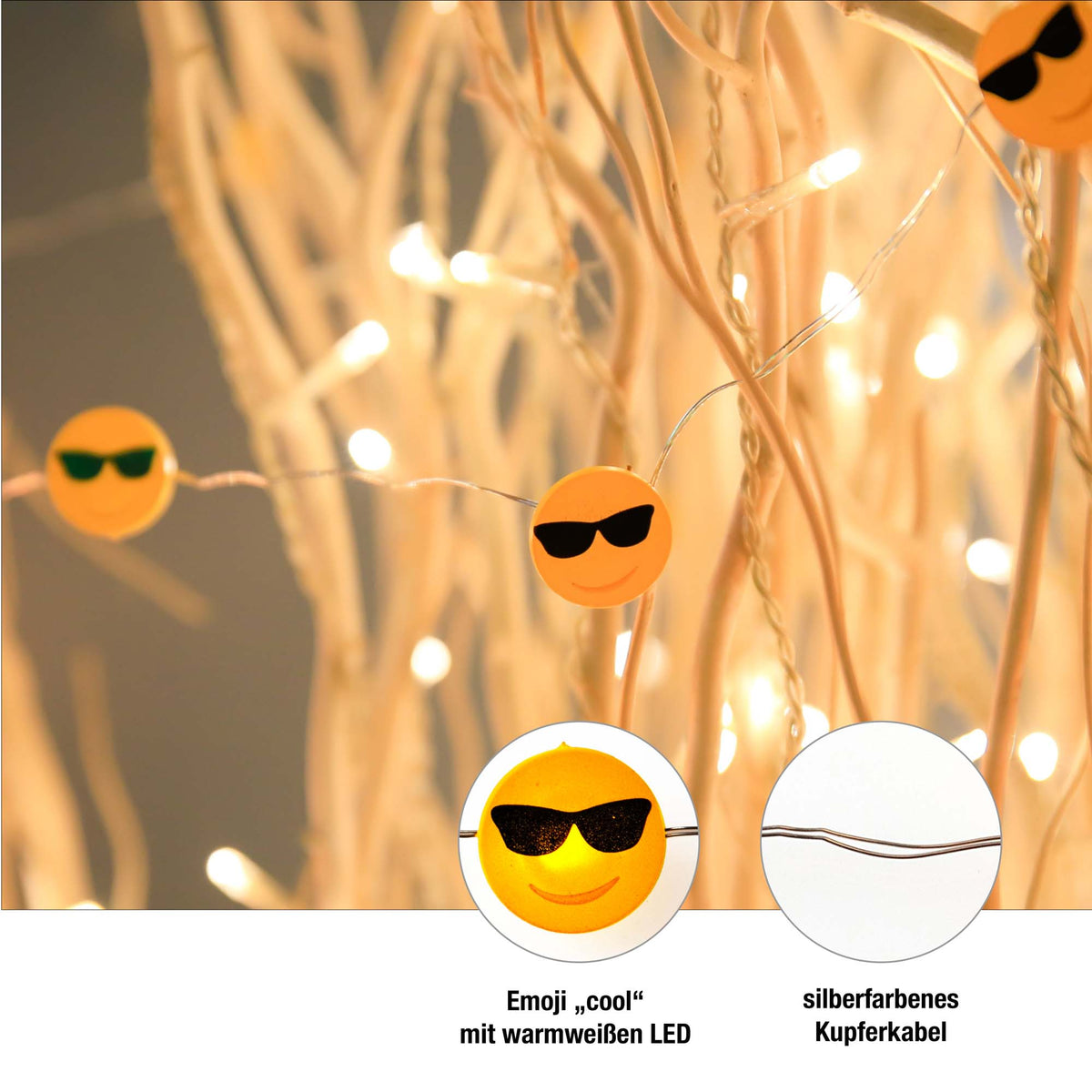 LED-Lichterkette mit Tauperlen und "Cool" Emoticon, 10 LEDs,  batteriebetrieben