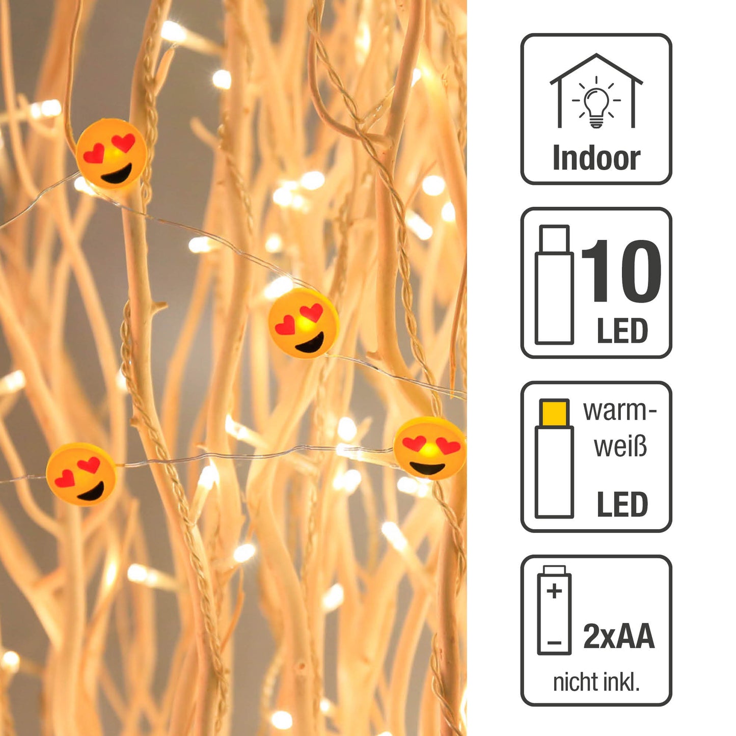 LED-Lichterkette mit Tauperlen und "Happy" Emoticon, 10 LEDs, batteriebetrieben