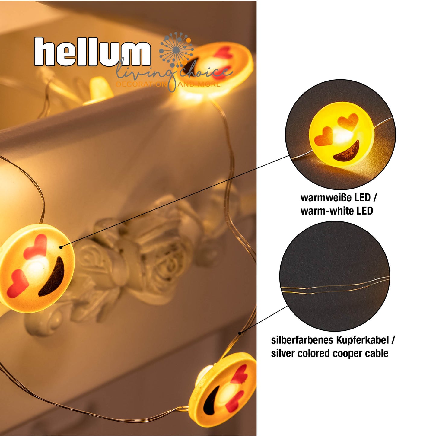 LED-Lichterkette mit Tauperlen und "Happy" Emoticon, 10 LEDs, batteriebetrieben