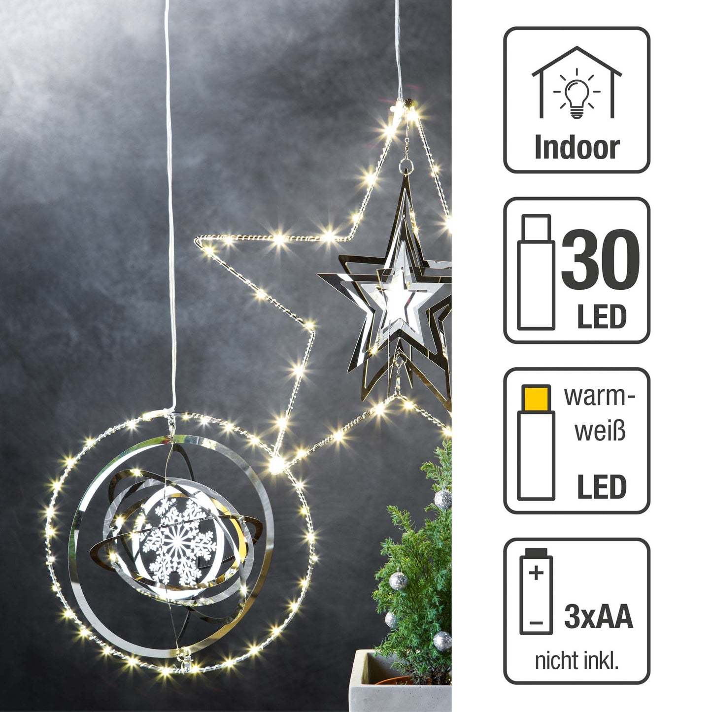 LED-3D Metall-Kugel, 30 LEDs ww,  batteriebetrieben