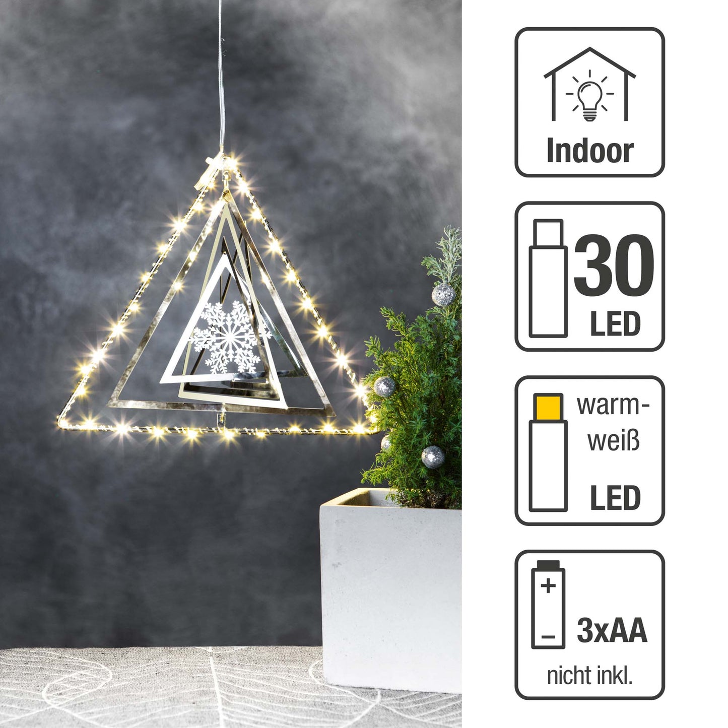 LED-3D Metall-Dreieck, 30 LEDs ww, batteriebetrieben