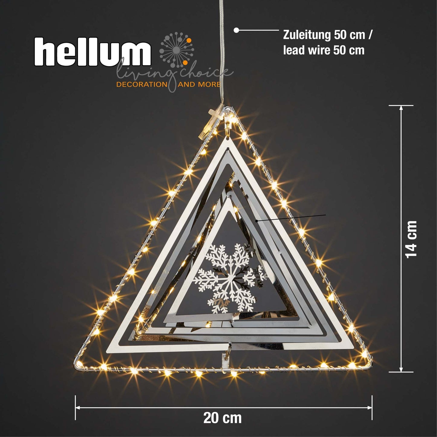 LED-3D Metall-Dreieck, 30 LEDs ww, batteriebetrieben