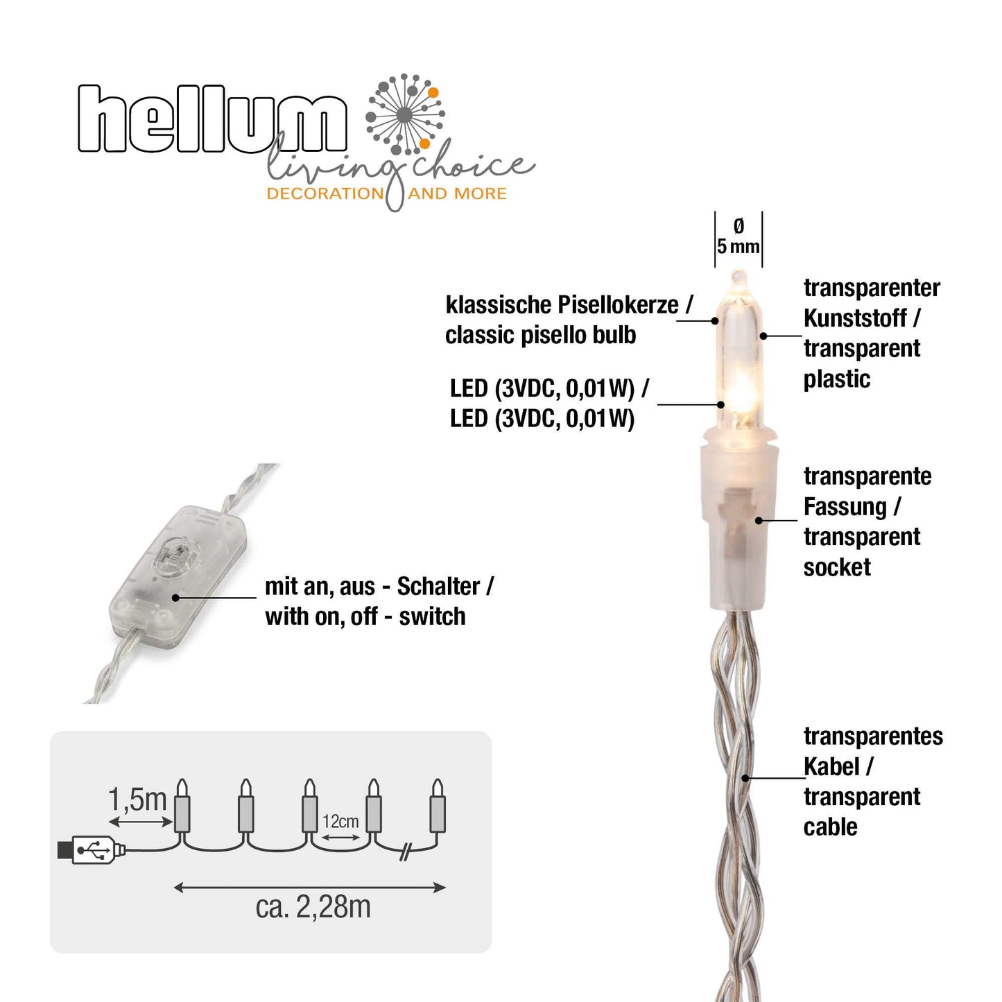 2er Set 20-tlg. LED-Lichterkette, warm-weiß, transparentes Kabel, USB -Anschluss_523126