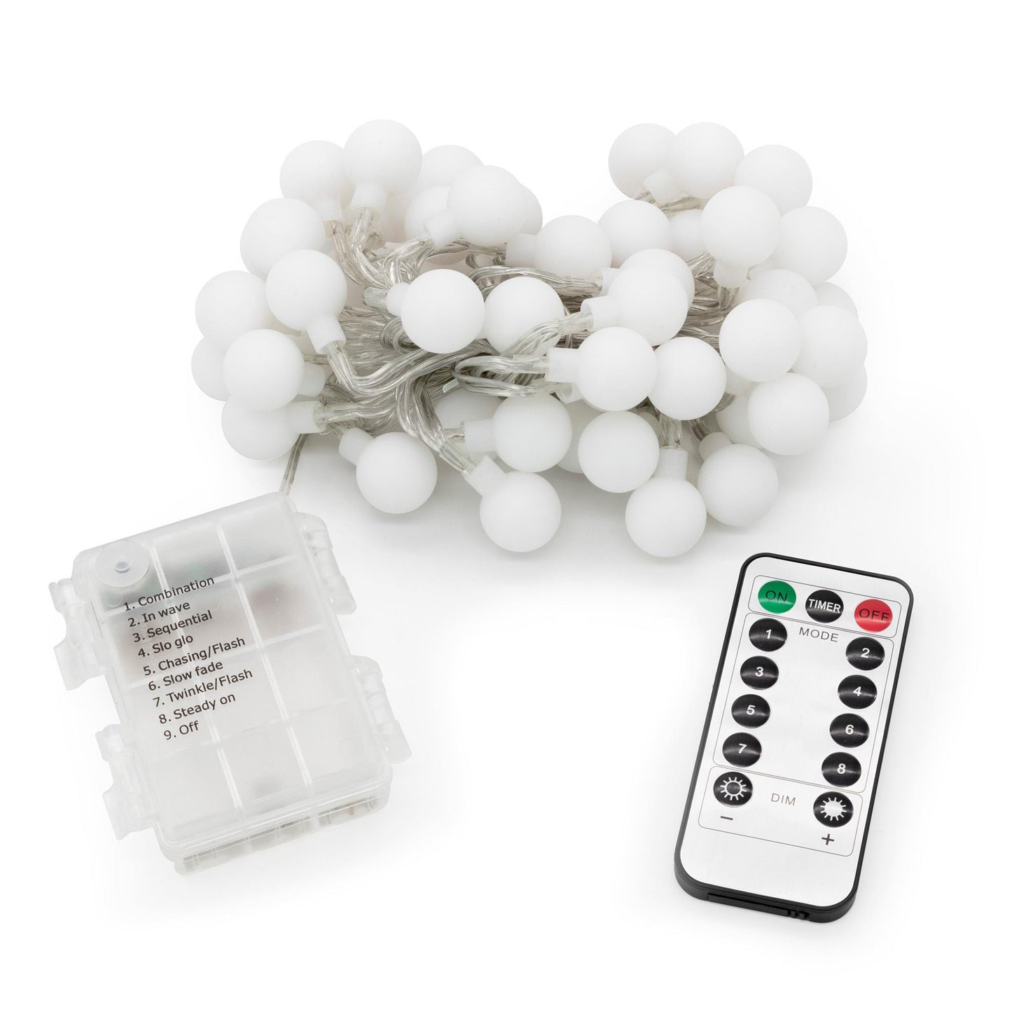 LED-Lichterkette mit Kugeln,  50 LEDs bunt,mit 8 Funktionen, FB, batteriebetrieben, für außen