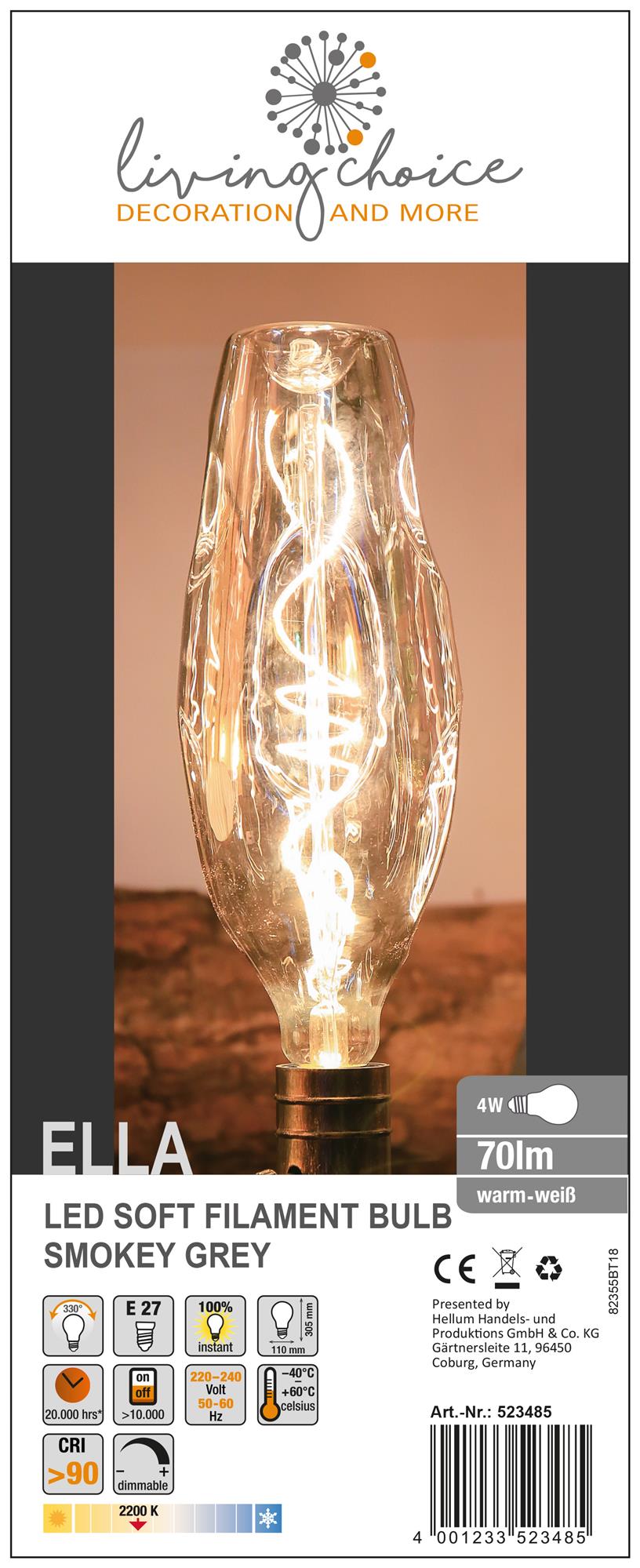LED-Soft-Filament-Lampe "Ella"-Smokey Grey, E27 4W
