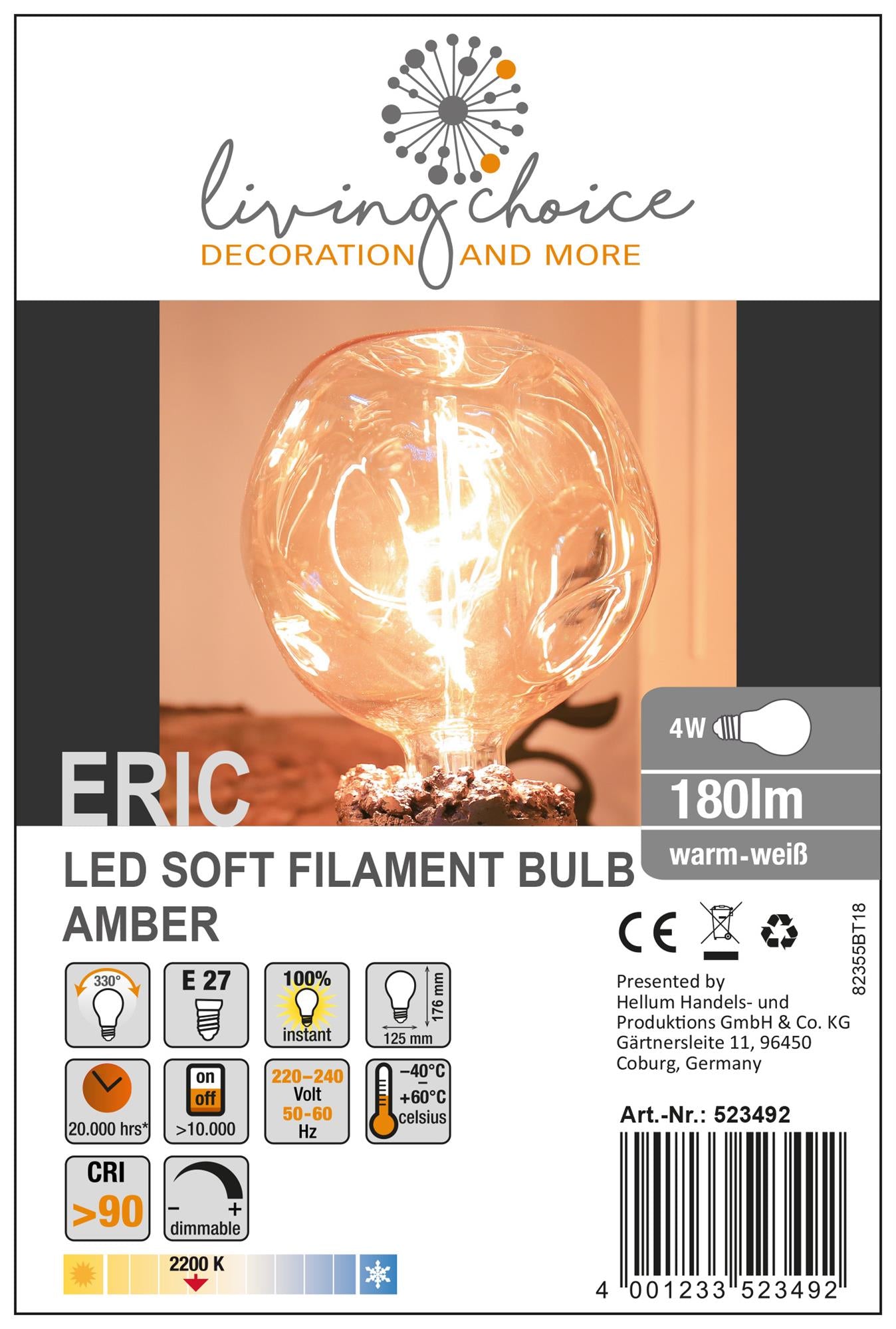 LED-Soft-Filament-Lampe "Eric"-Amber, E27 4W