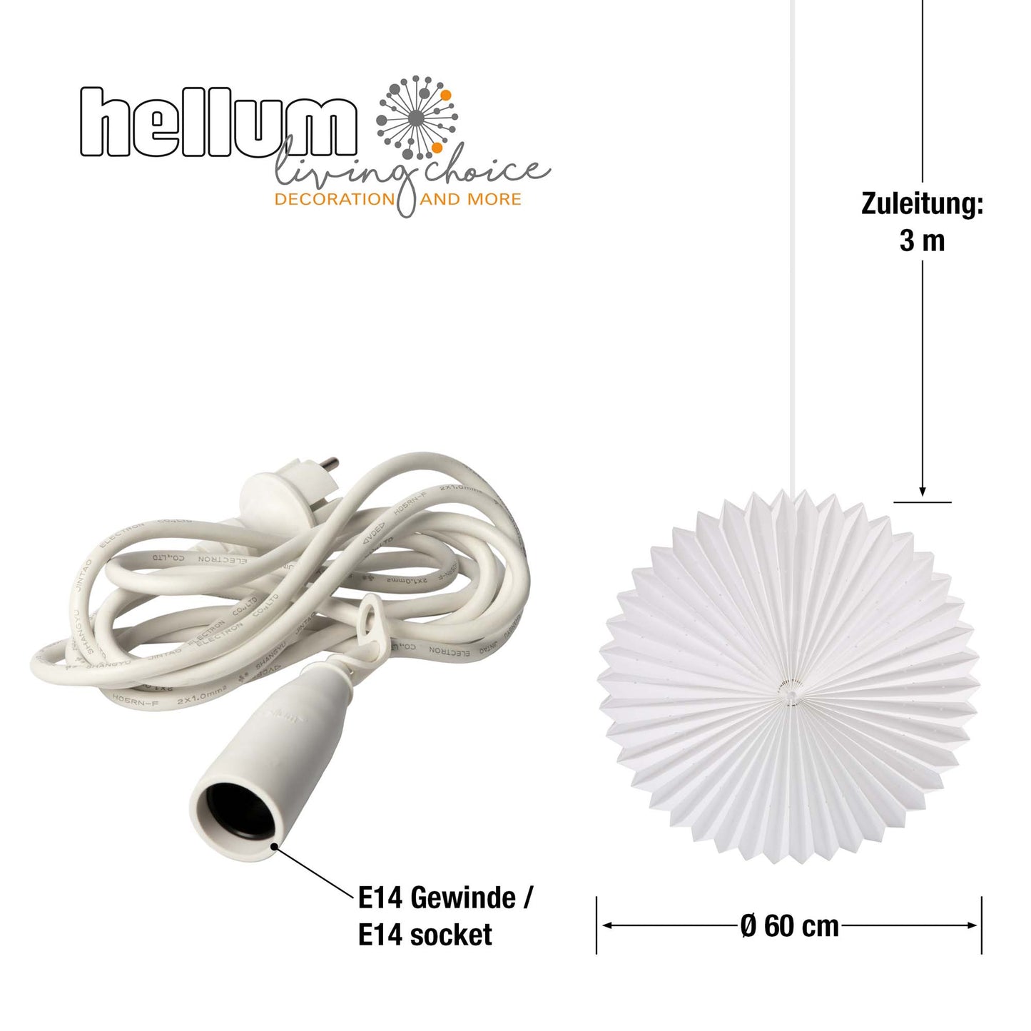 Papierlampion "Sunny", weiß, hängend,  weißes Kabel, E14 Sockel, Ø 60 cm, für außen, inkl. Lampe