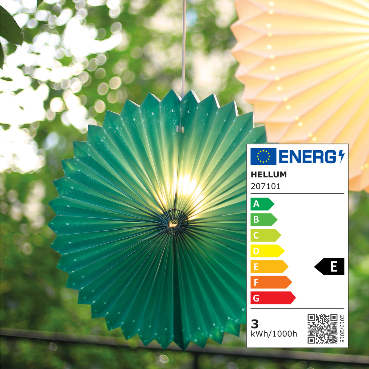 LED Sunny Lampion grün außen, mit E14 Glühlampe warmweiß, Ø 40 cm, weißes Kabel, mit Stecker, EPREL ID 2165782