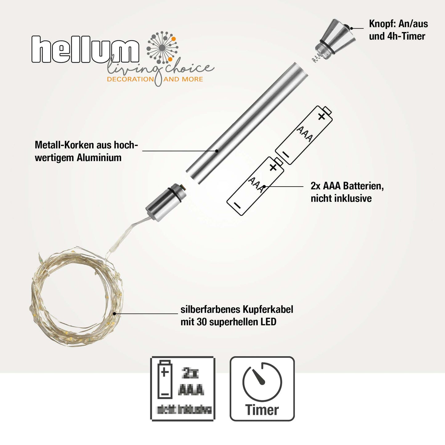 Hellum LED-Flaschenlicht, 30 LEDs, Timer, Metallkorken, batteriebetrieben 523683