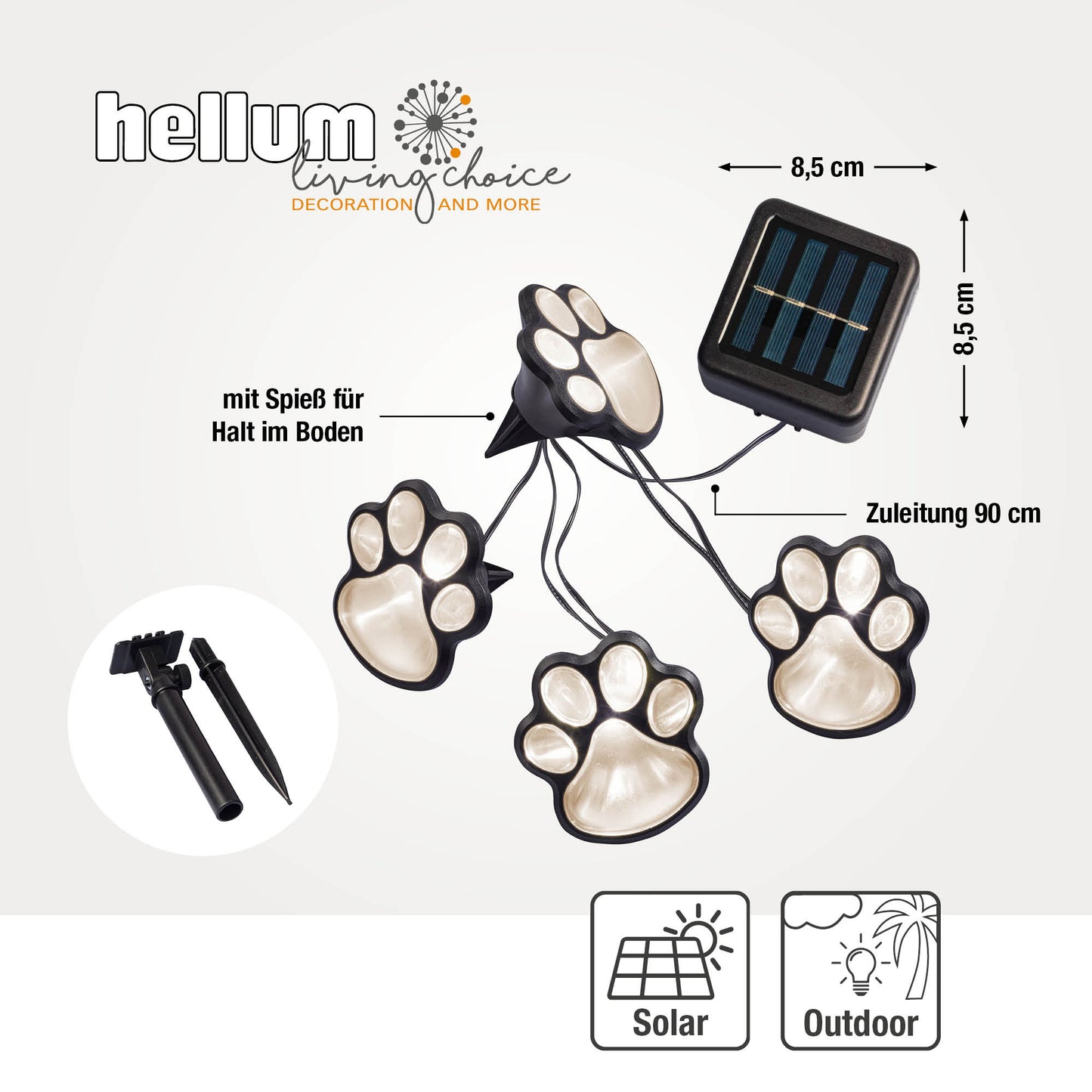 Hellum Solar Pfoten, 4 Pfoten 9x9cm, warmweiß, Erdspieß, für außen 523690