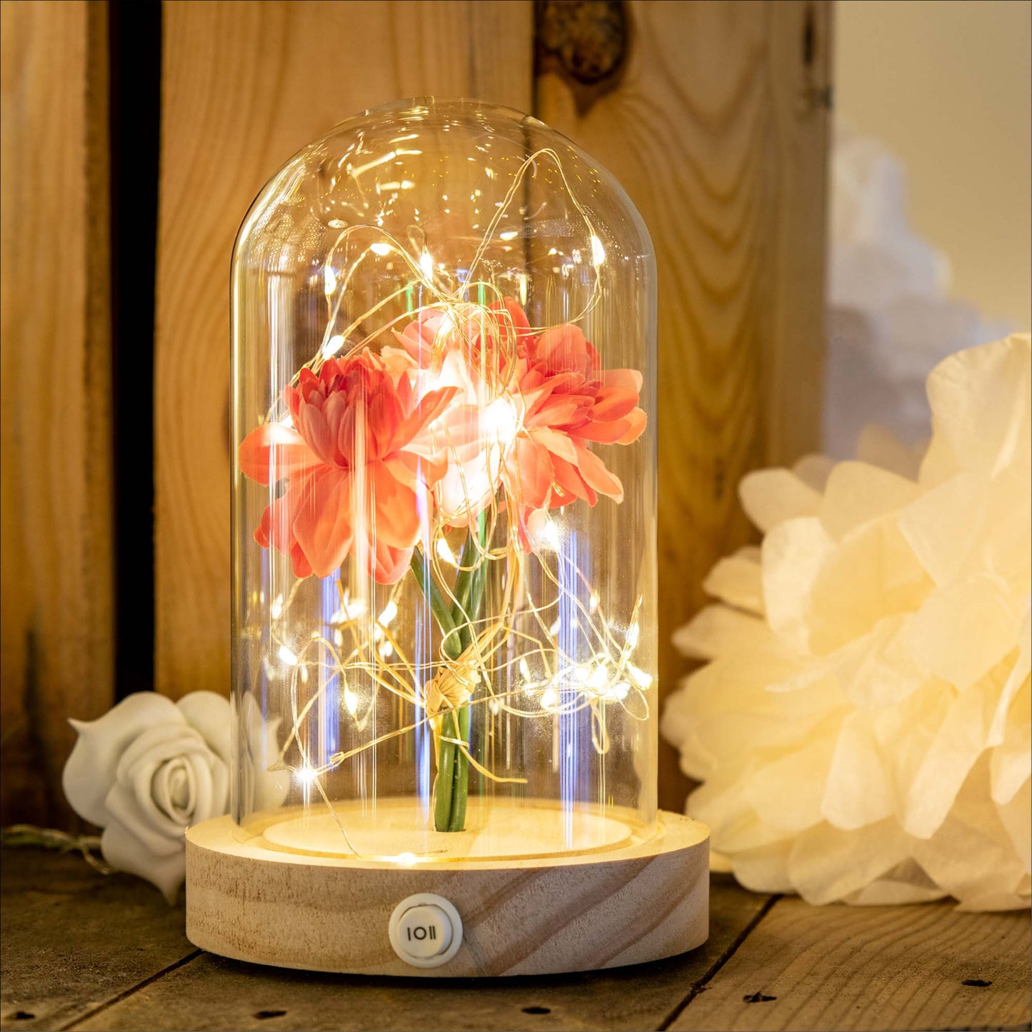 Hellum Glasglocke mit LED-Lichterkette, abnehmbare Kuppel, 30 LEDs, Timer, personalisierbar 523713