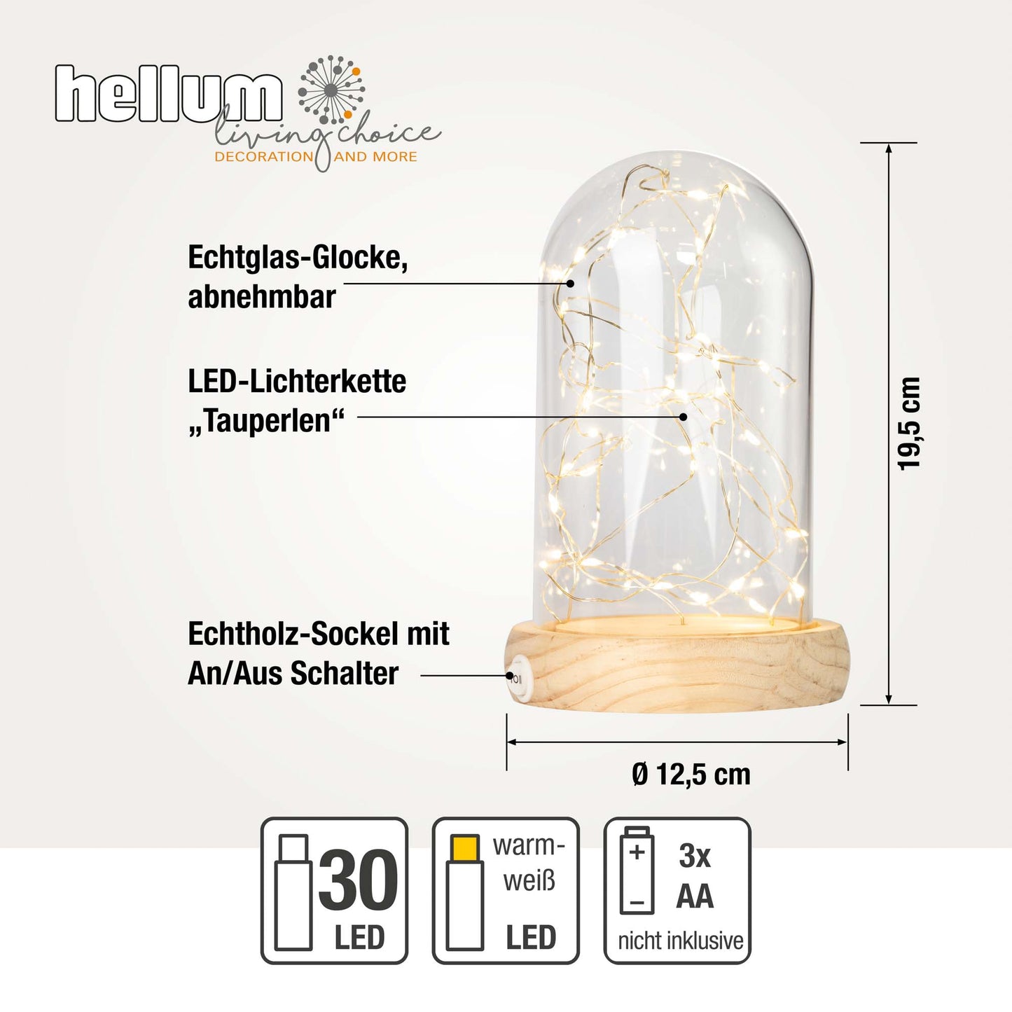 Hellum Glasglocke mit LED-Lichterkette, abnehmbare Kuppel, 30 LEDs, Timer, personalisierbar 523713