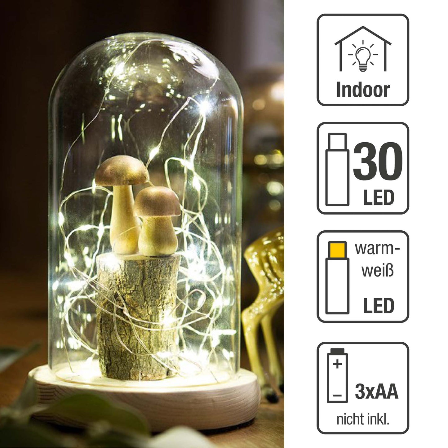 LED-Glas-Glocke (abnehmbar für eigene Dekorationsideen), mit 6h Timer, batteriebetrieben