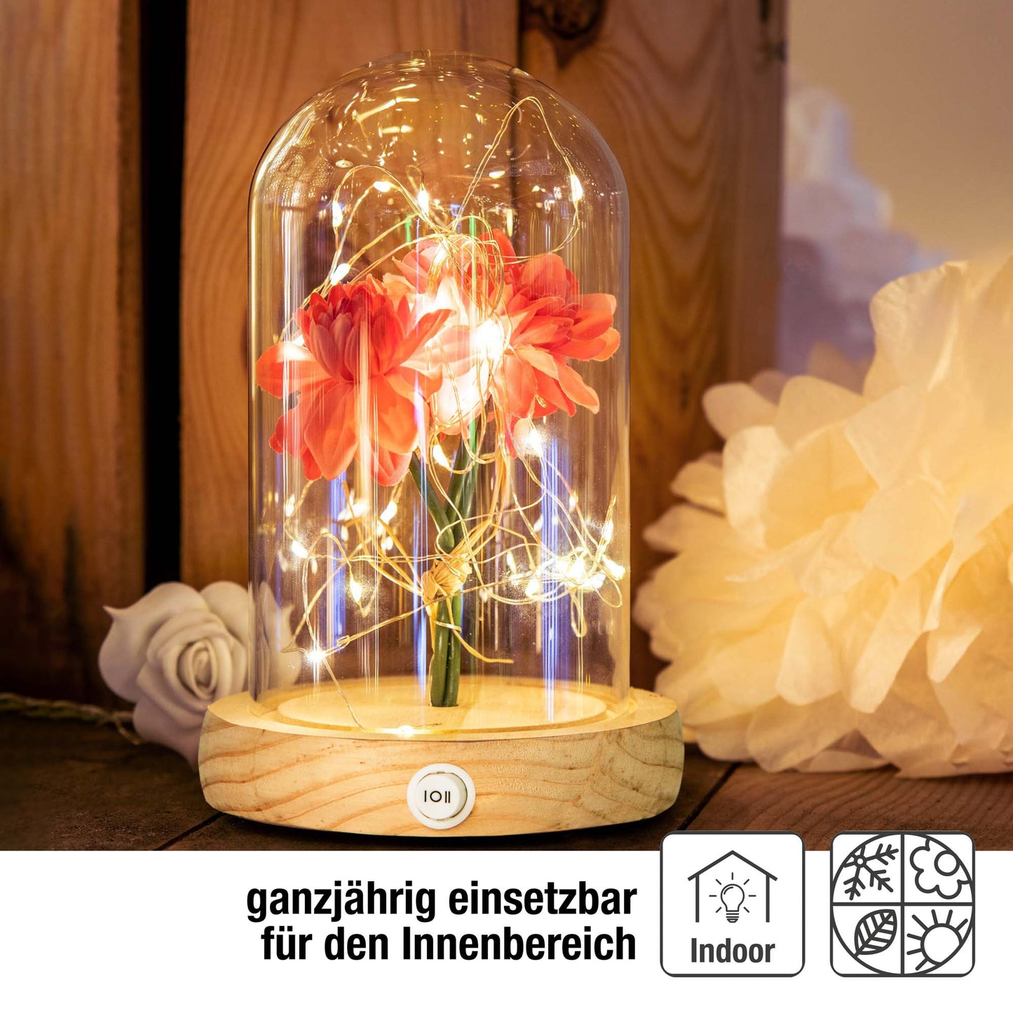 Hellum Glasglocke mit LED-Lichterkette, abnehmbare Kuppel, 30 LEDs, Timer, personalisierbar 523713