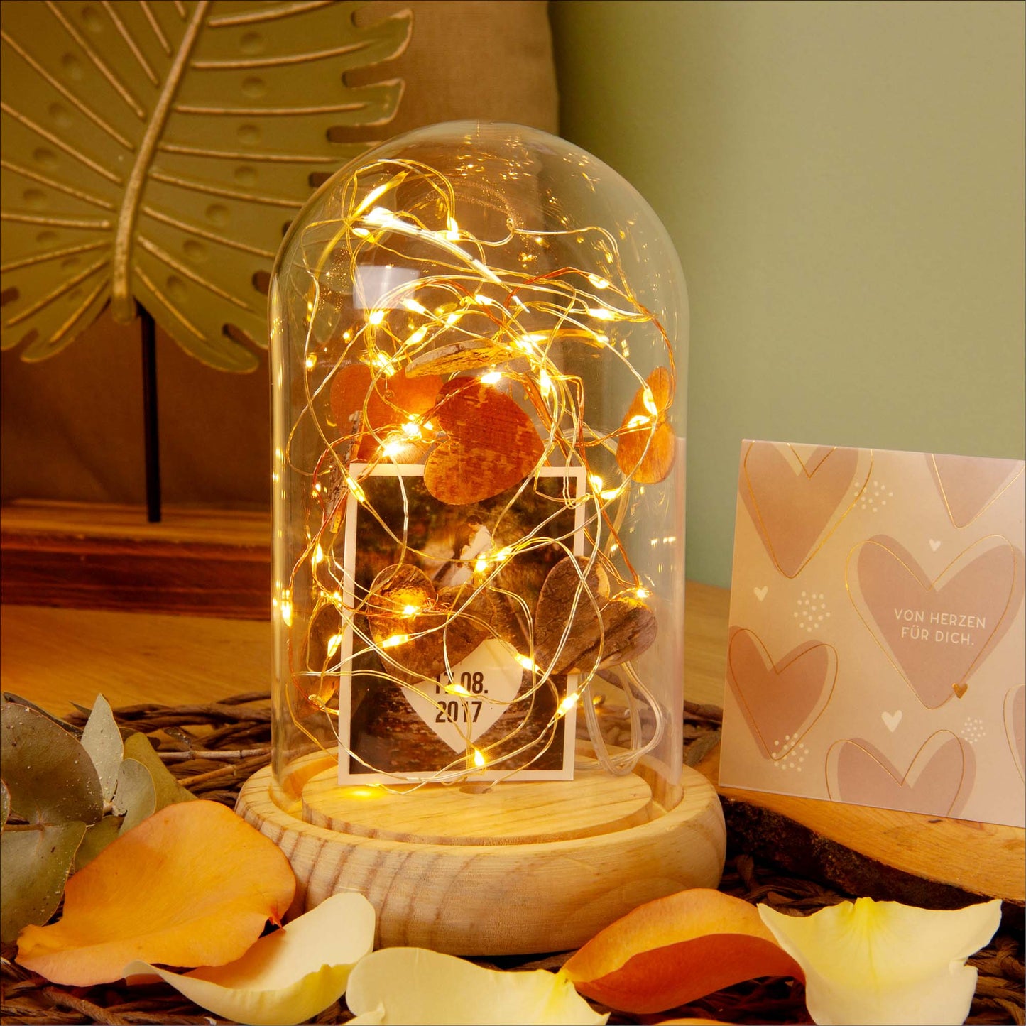 Hellum Glasglocke mit LED-Lichterkette, abnehmbare Kuppel, 30 LEDs, Timer, personalisierbar 523713