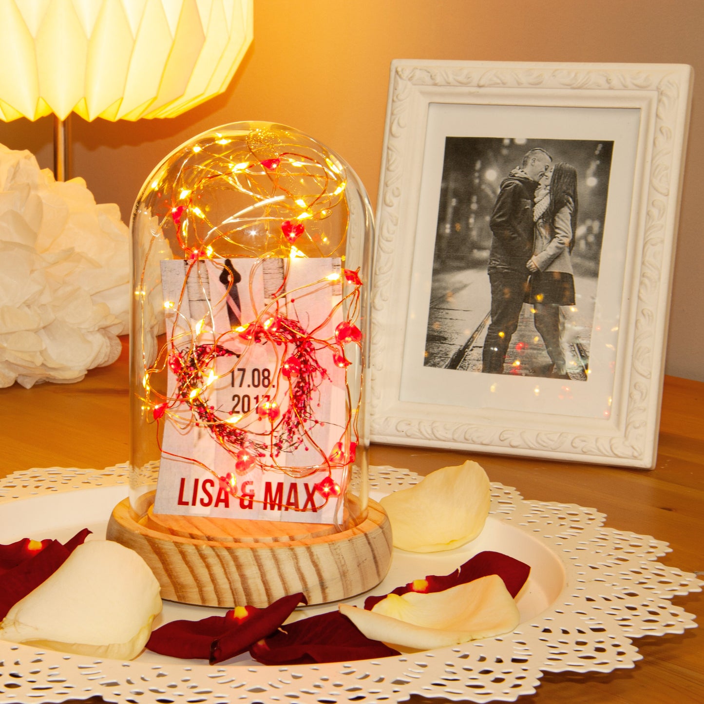 Set LED-Glas-Glocke mit Timer und LED Lichterkette Herzen 523713+570854, batteriebetrieben