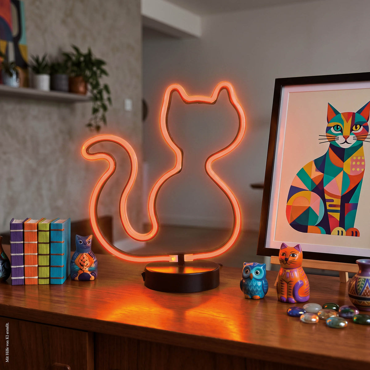 LED Katze orange innen, 120 LED warmweiß, 20,5x29 cm, batteriebetrieben