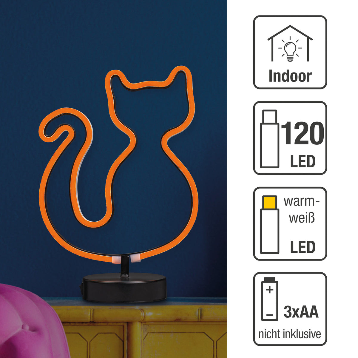 LED Katze orange innen, 120 LED warmweiß, 20,5x29 cm, batteriebetrieben