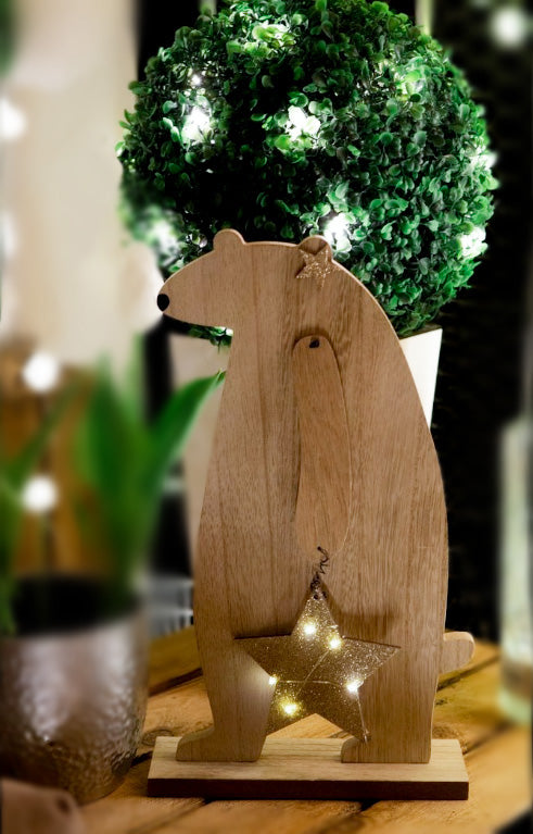 LED-Holz-Bär mit Stern, 5 LEDs ww, mit Timer, H: 36 cm, batteriebetrieben