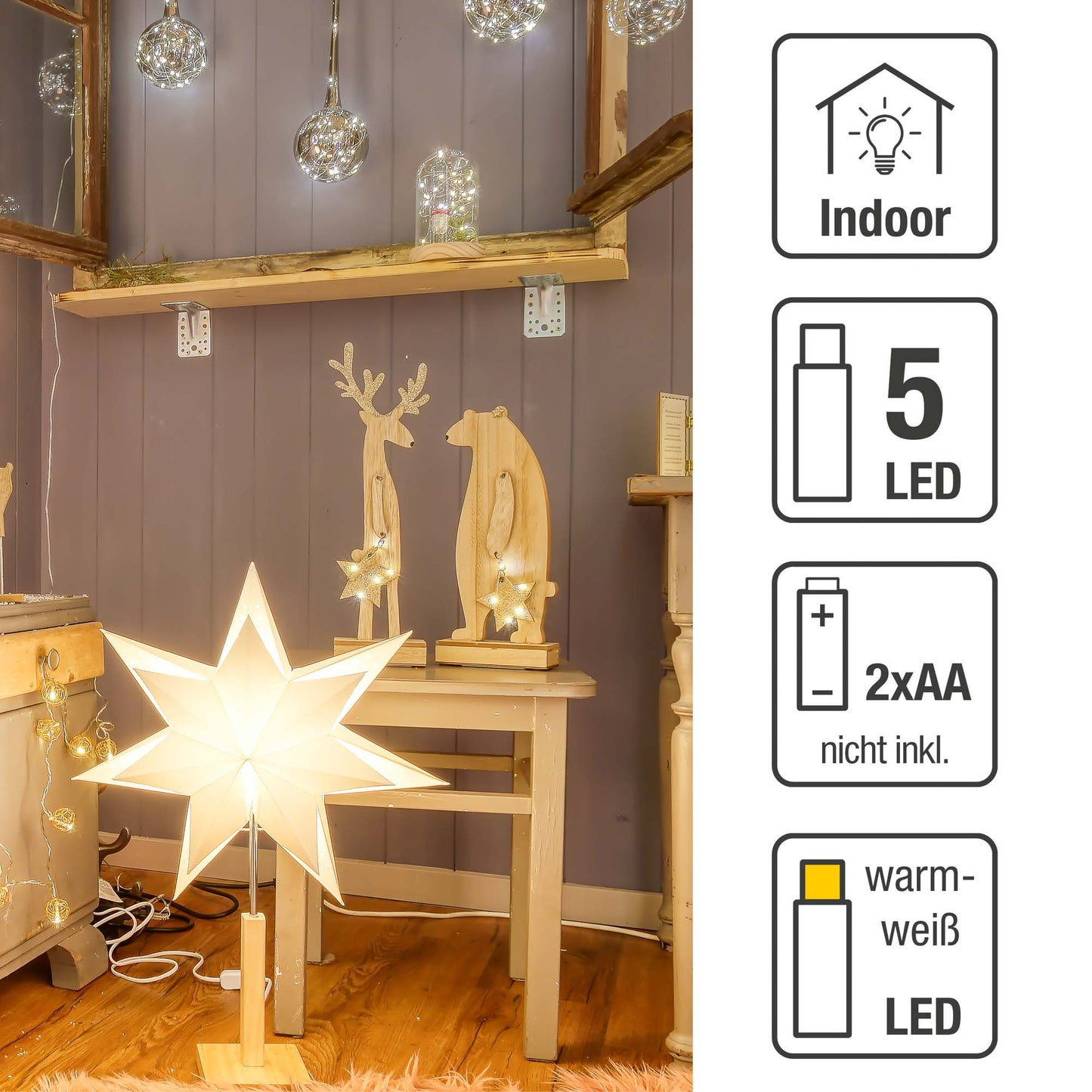 LED-Holz-Bär mit Stern, 5 LEDs ww, mit Timer, H: 36 cm, batteriebetrieben