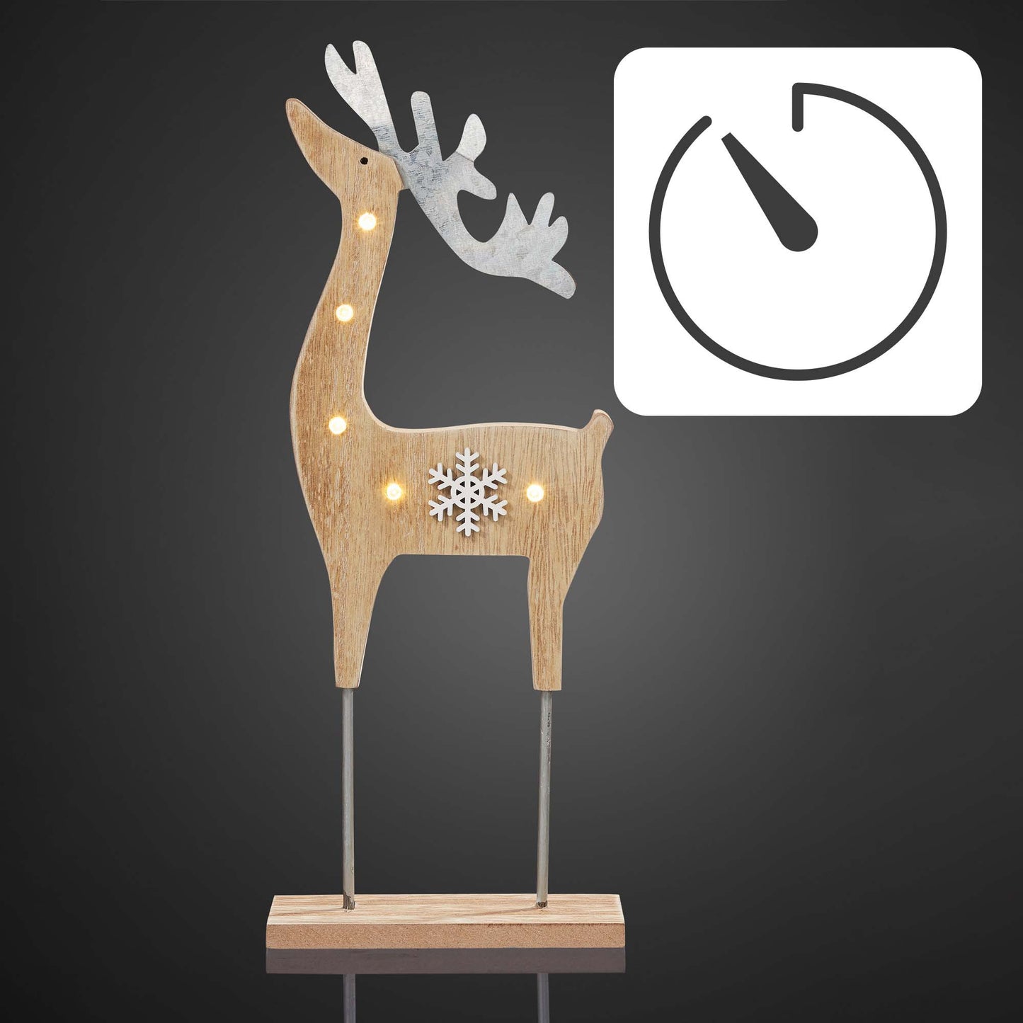 LED-Holz-Rentier mit Schneeflocke, 5 LEDs, mit Timer, batteriebetrieben