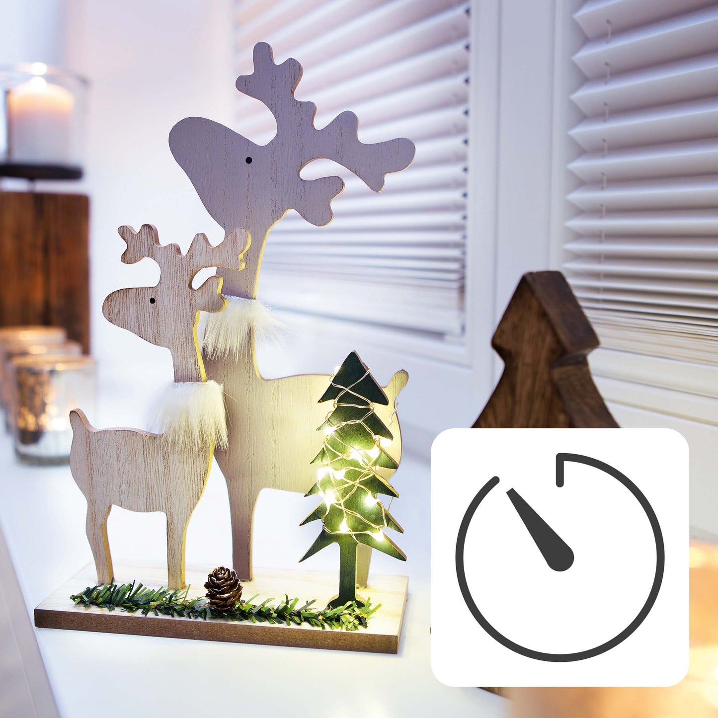 LED Holz-Rentier-Familie, 10 LEDs ww, 17x7x27 cm, mit Timer,  batteriebetrieben