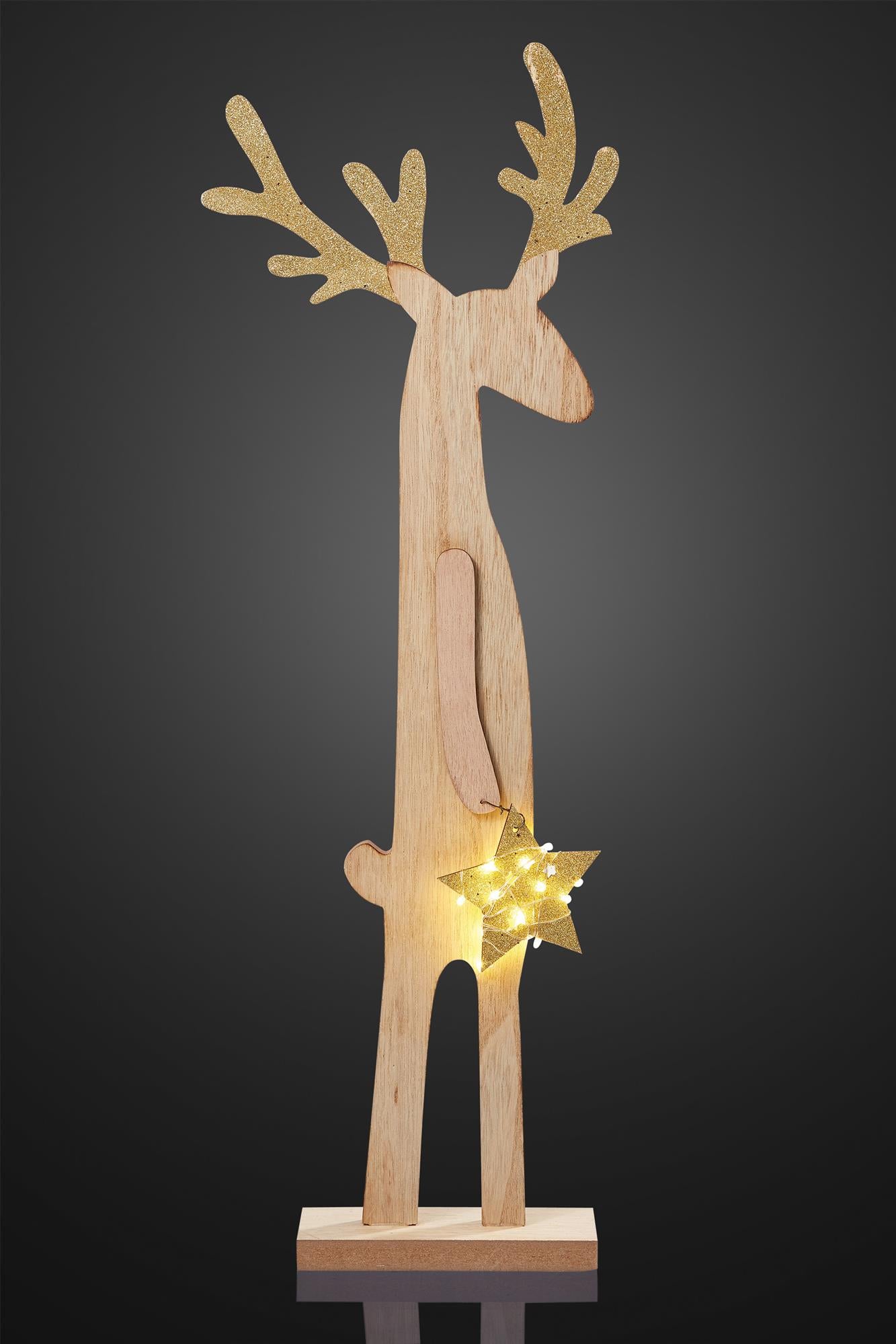 LED Holz-Rentier mit Stern, 5 LEDs ww, H: 44 cm, mit Timer,  batteriebetrieben