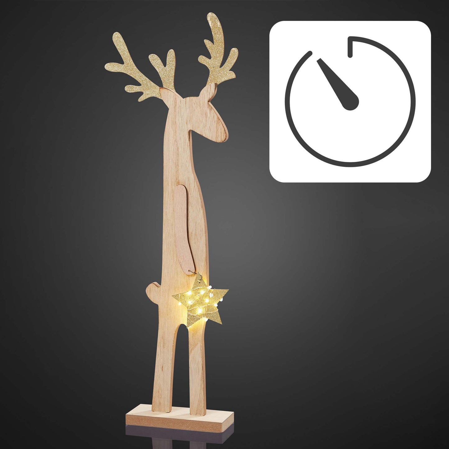 LED Holz-Rentier mit Stern, 5 LEDs ww, H: 44 cm, mit Timer,  batteriebetrieben