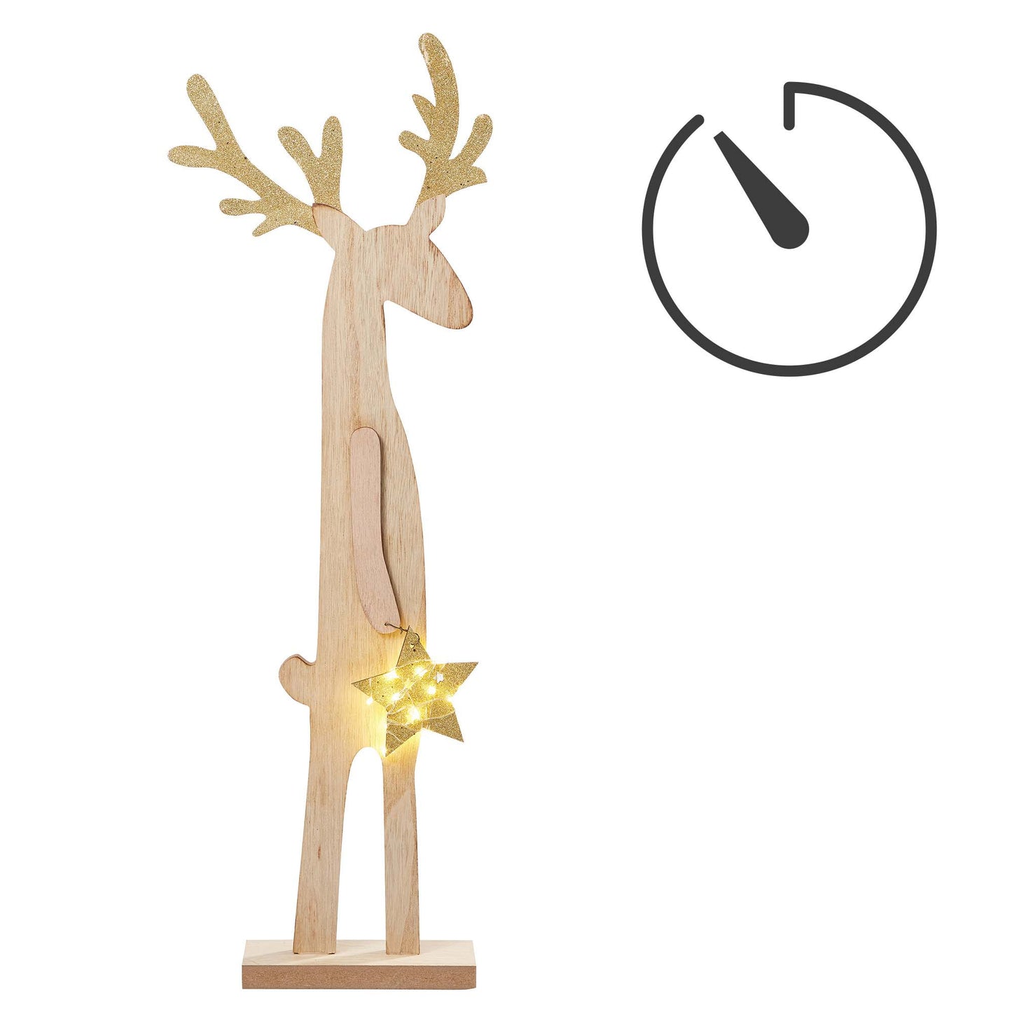 LED Holz-Rentier mit Stern, 5 LEDs ww, H: 44 cm, mit Timer,  batteriebetrieben